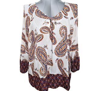 Lucky Brand Women's Boho Paisley Print Top Tan Orange Blue Size L Rayon Lucky